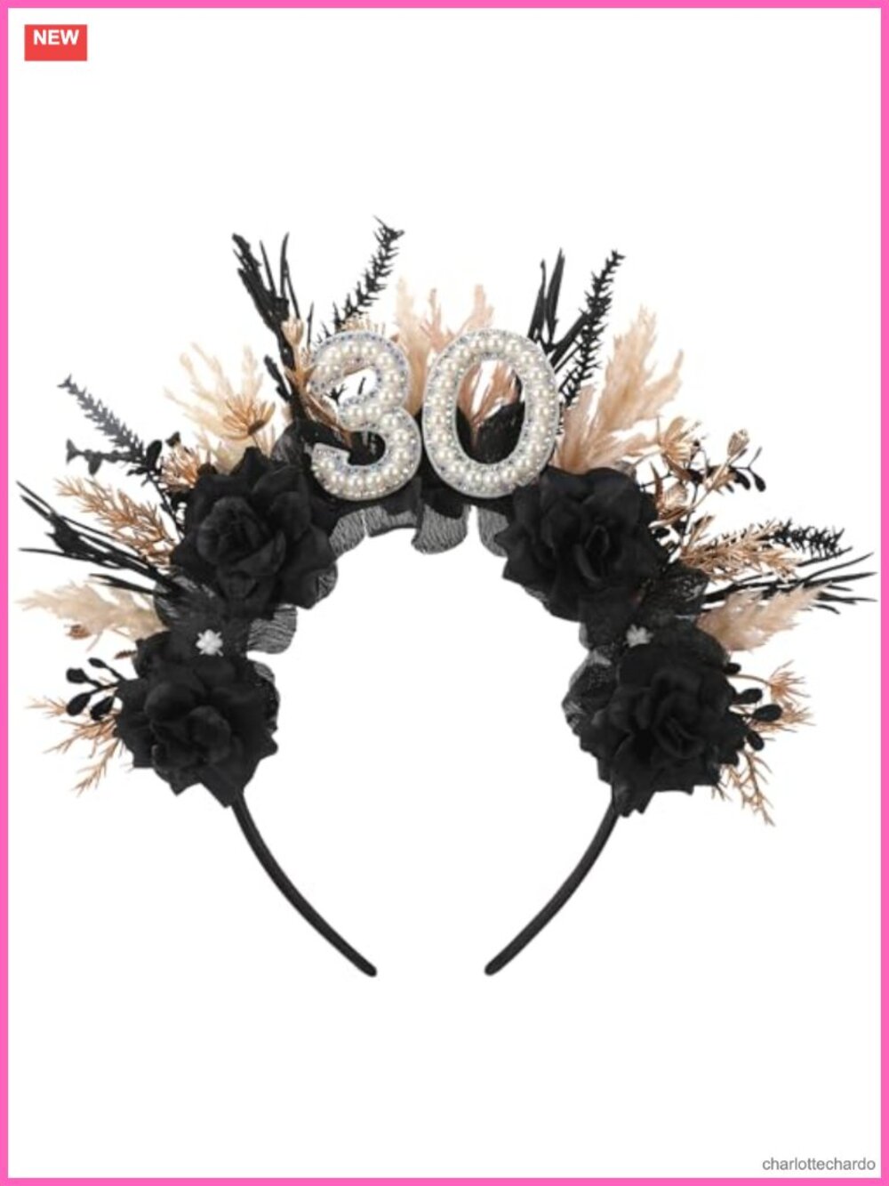 30th Birthday Headband with Pearls and Black Flowers, Adult One Size